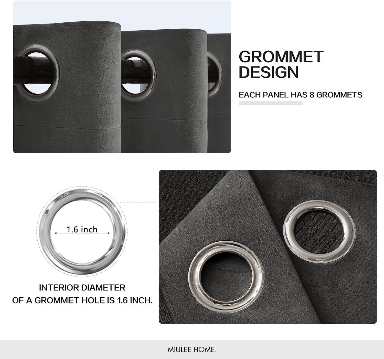 Detalle de MIULEE Velvet Blackout Curtains, Charcoal Gray, 52 x 84 Inches, 2 Panels