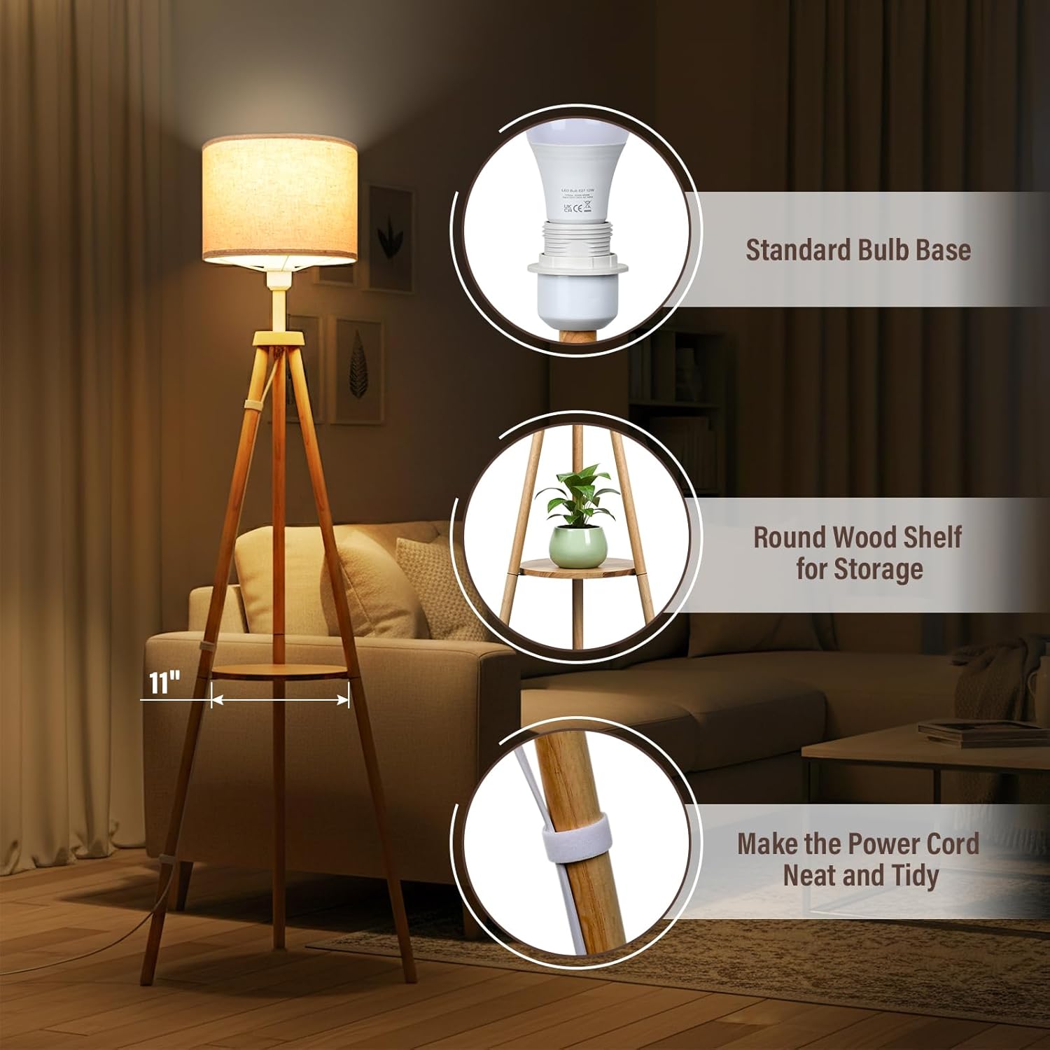 Detalle 2 de Lampada da Terra Treppiede in Legno con Ripiano e Dimmerabile E27 12W – Tre Colori 3000K/4000K/6000K