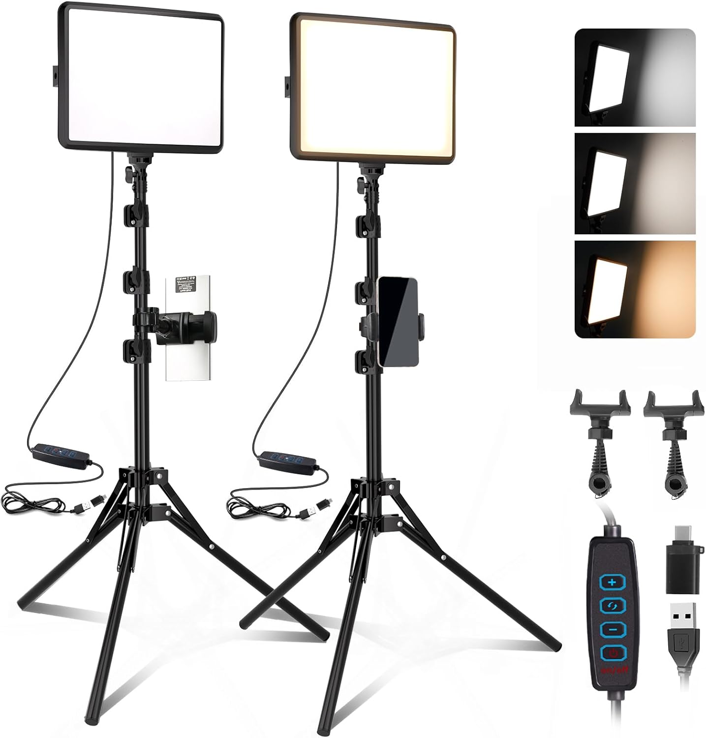 Kit di 2 Luci Video LED Dimmerabili 2800-6500K con Treppiede e Supporto Telefono – Luce da Studio 185,4 cm