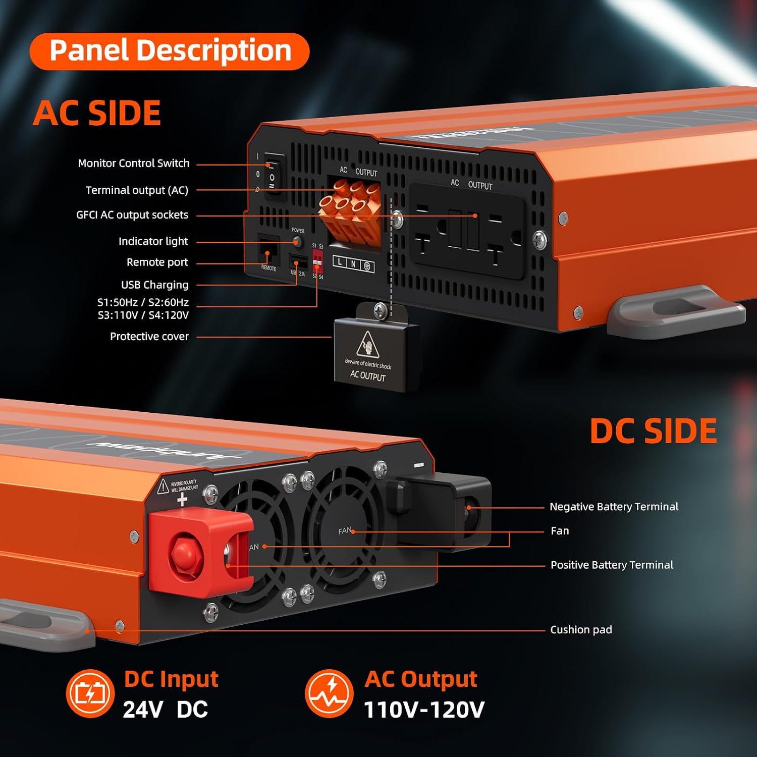 Detalle de Junbpaw 2080W Pure Sine Wave Inverter (24V to 110V) — Quiet DC to AC for Home, RV, Off-Grid & Camping (LGE-24-2080TI)