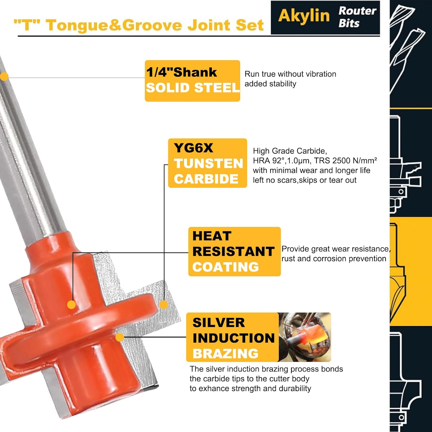 Thumbnail 3 de 2pcs T Tongue and Groove Joint Set for Router Bits, 1/4" Shank, Carbide Tipped