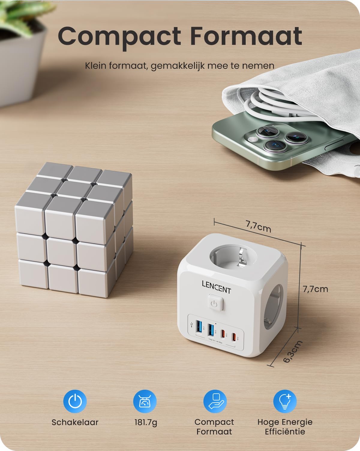 Detalle de LENCENT PA037EU-2A2C kubus-stekkerdoos met 3 stopcontacten en 4 USB-poorten