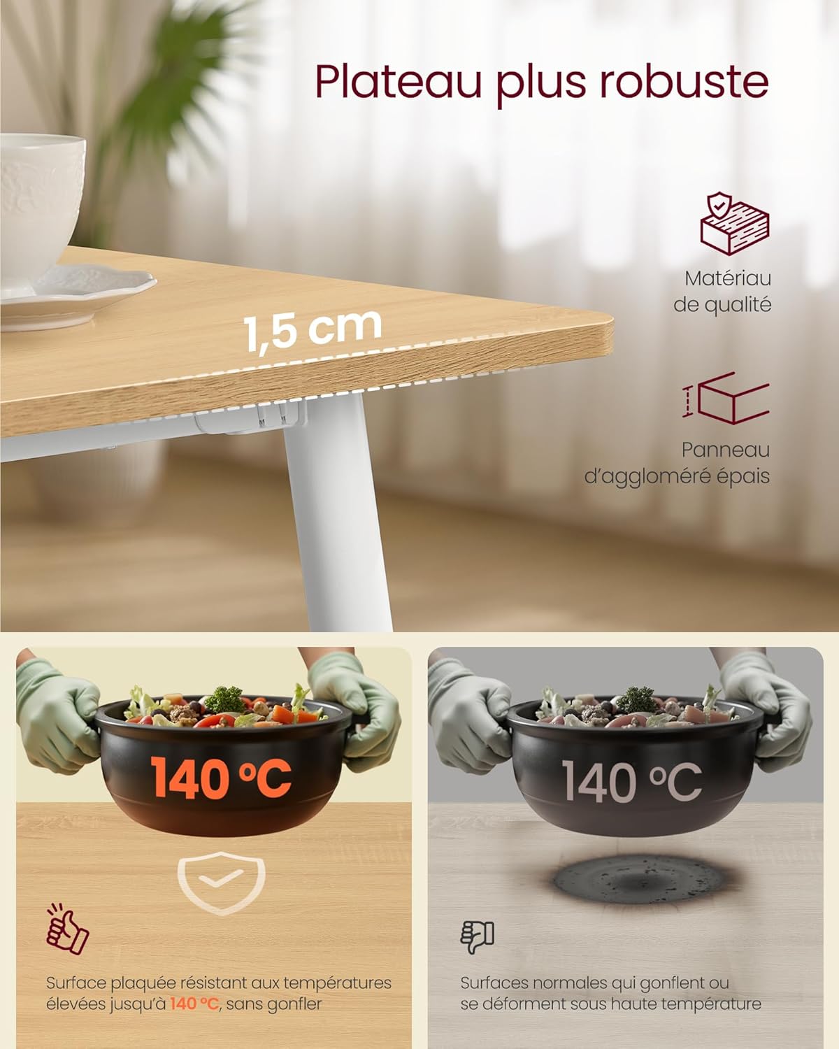 Thumbnail 3 de Table de cuisine VASAGLE KDT100YA02V1 (75 x 140 x 75 cm) pour 4 à 6 personnes, doré chêne et blanc nuage