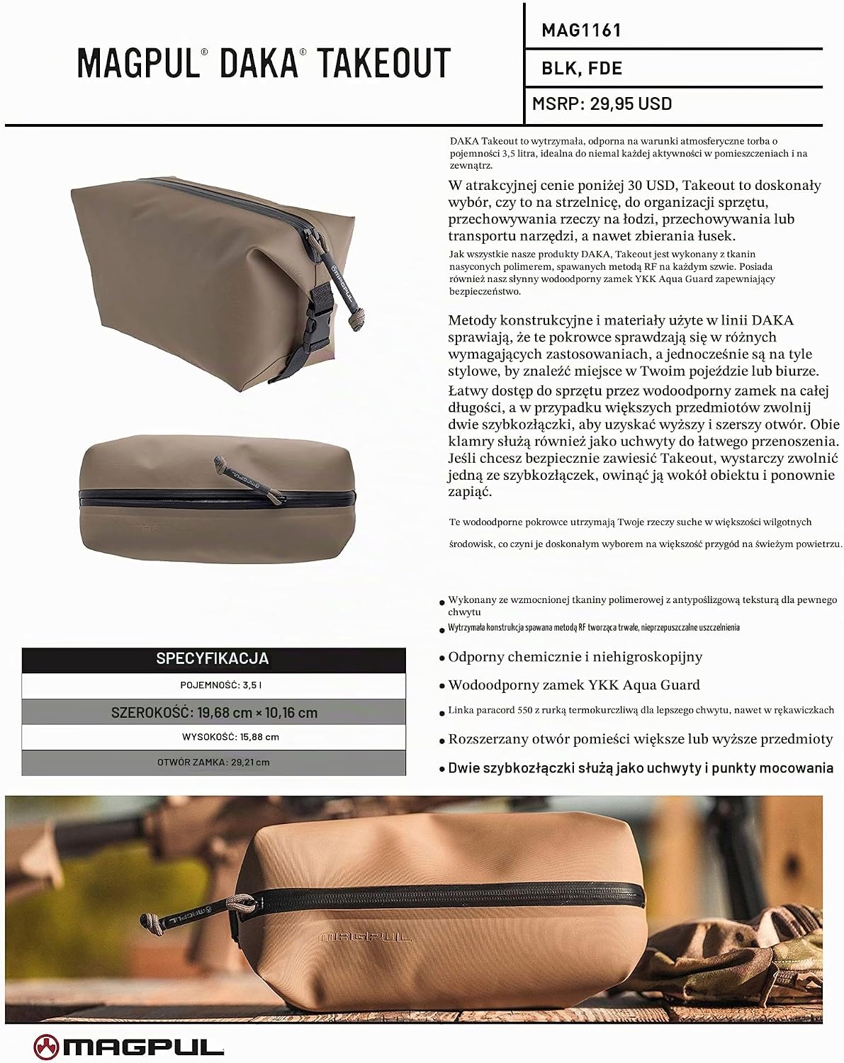 Detalle de Magpul DAKA Takeout – torba 3,5 l z zamkiem YKK Aqua-Guard, ciemnoziemista