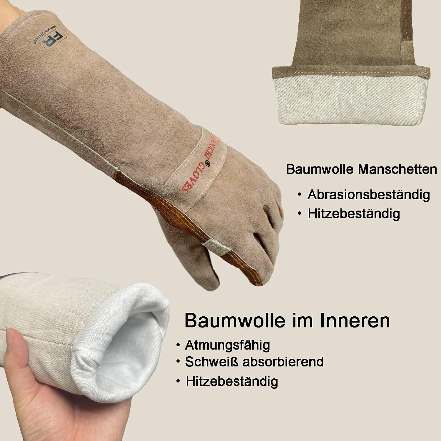 Detalle 2 de AOUCHI Grillhandschuhe aus Rindsleder – langärmelig, hitzebeständig bis 250 °C, Kevlar-Nähte
