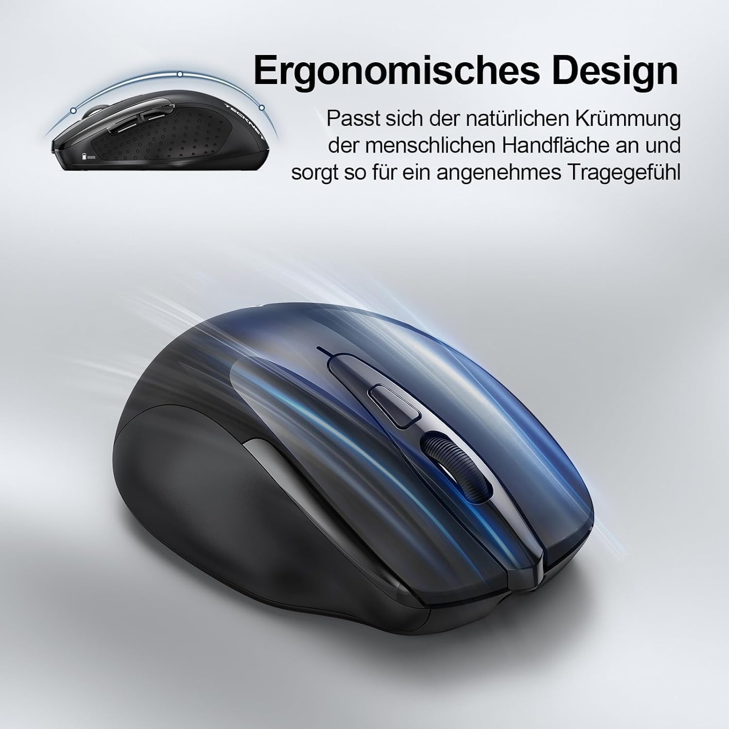 Detalle 2 de TECKNET Bluetooth Maus (wiederaufladbar, 3 Modi BT 5.0/3.0 + 2,4 GHz, 4800 DPI) – schwarz