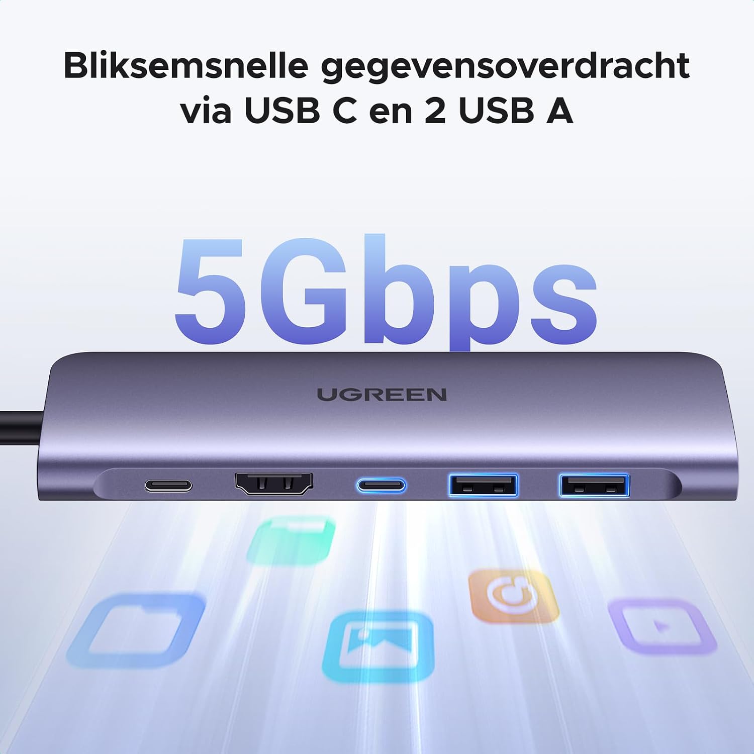Detalle de UGREEN Revodok USB-C-hub met 4K HDMI, 100W PD en SD/TF-kaartlezer