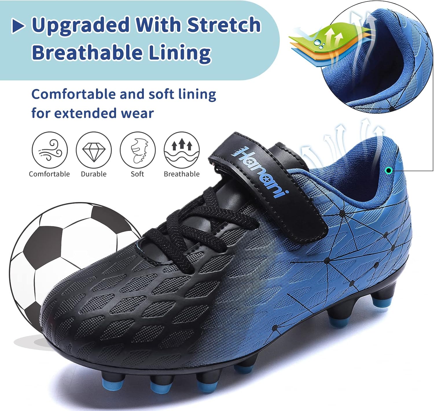 Thumbnail 2 de Boys Football Boots Shoes for Kids and Teens: FG/AG Soccer Cleats with Adjustable Hook-and-Loop Fit
