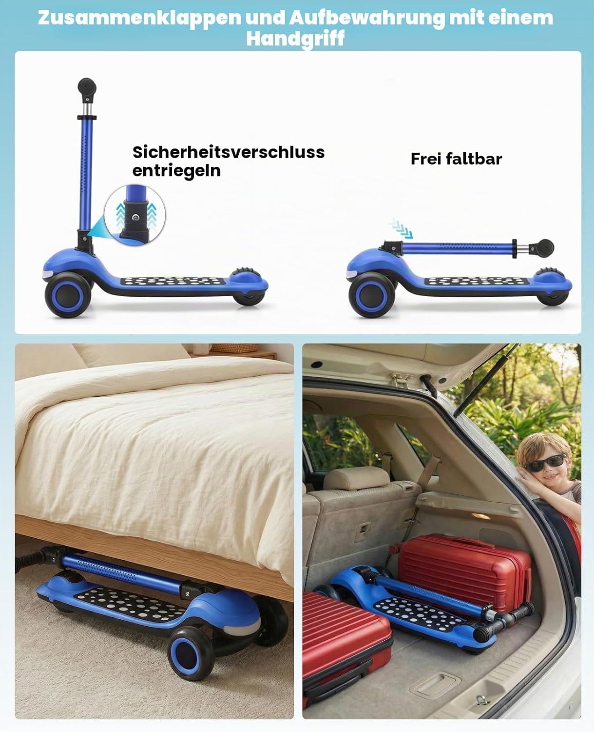 Detalle de UBRAVOO Roller Kinder 3–10 Jahre – klappbar, 4-Stufen-Lenkerhöhe, LED-Farbtouren, breites Deck, Hinterradbremse