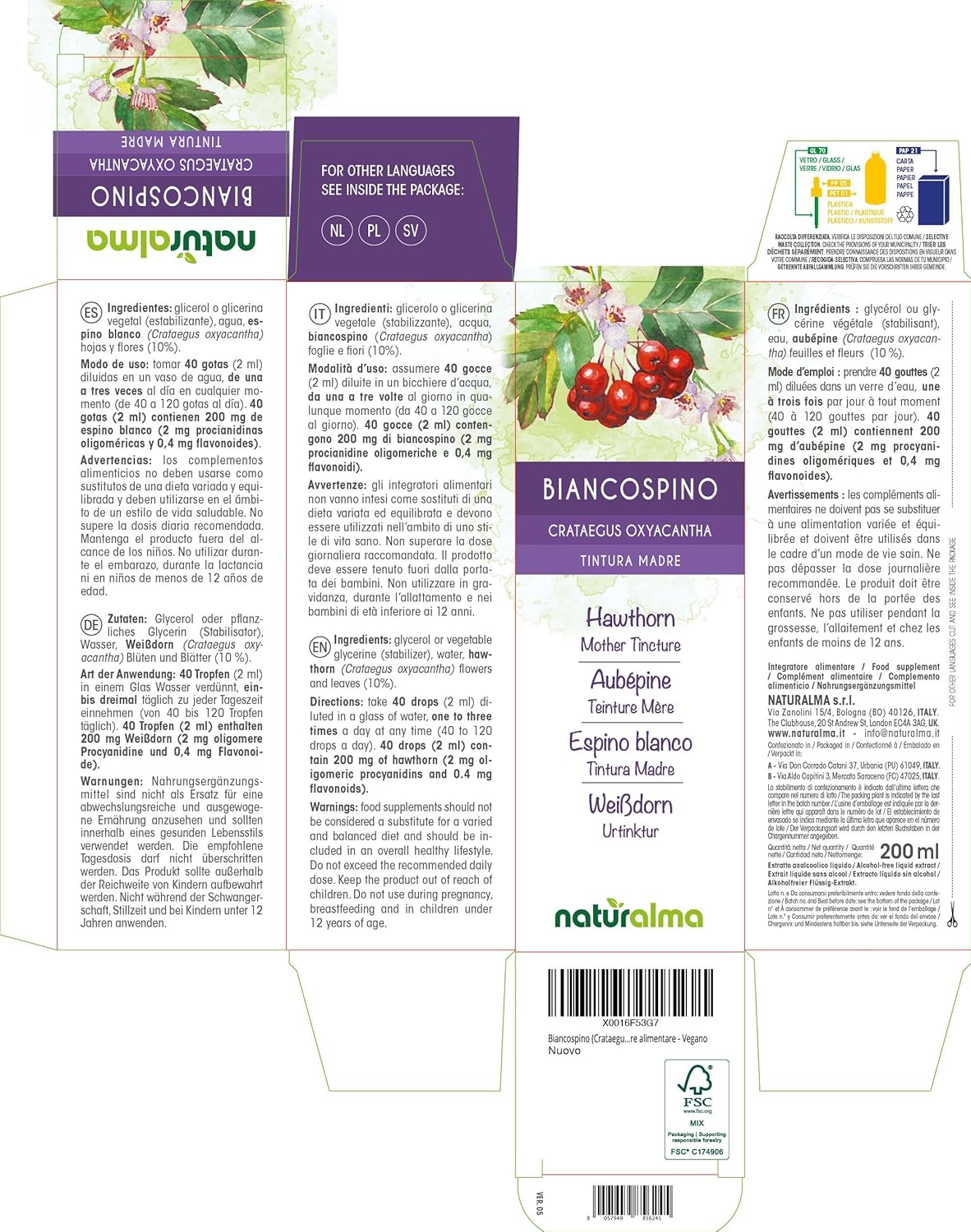 Detalle de Biancospino Biancospino (Crataegus oxyacantha) foglie e fiori - Tintura Madre analcoolica 200 ml di Naturalma