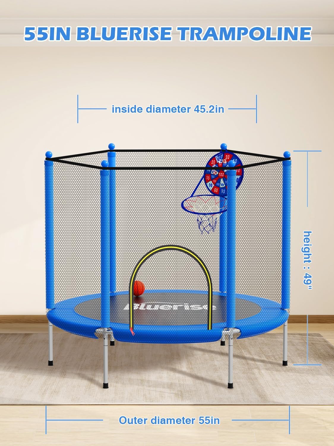 Thumbnail 4 de BLUERISE 55in 6ft Toddler Trampoline with Enclosure Net and Basketball Hoop Attachment