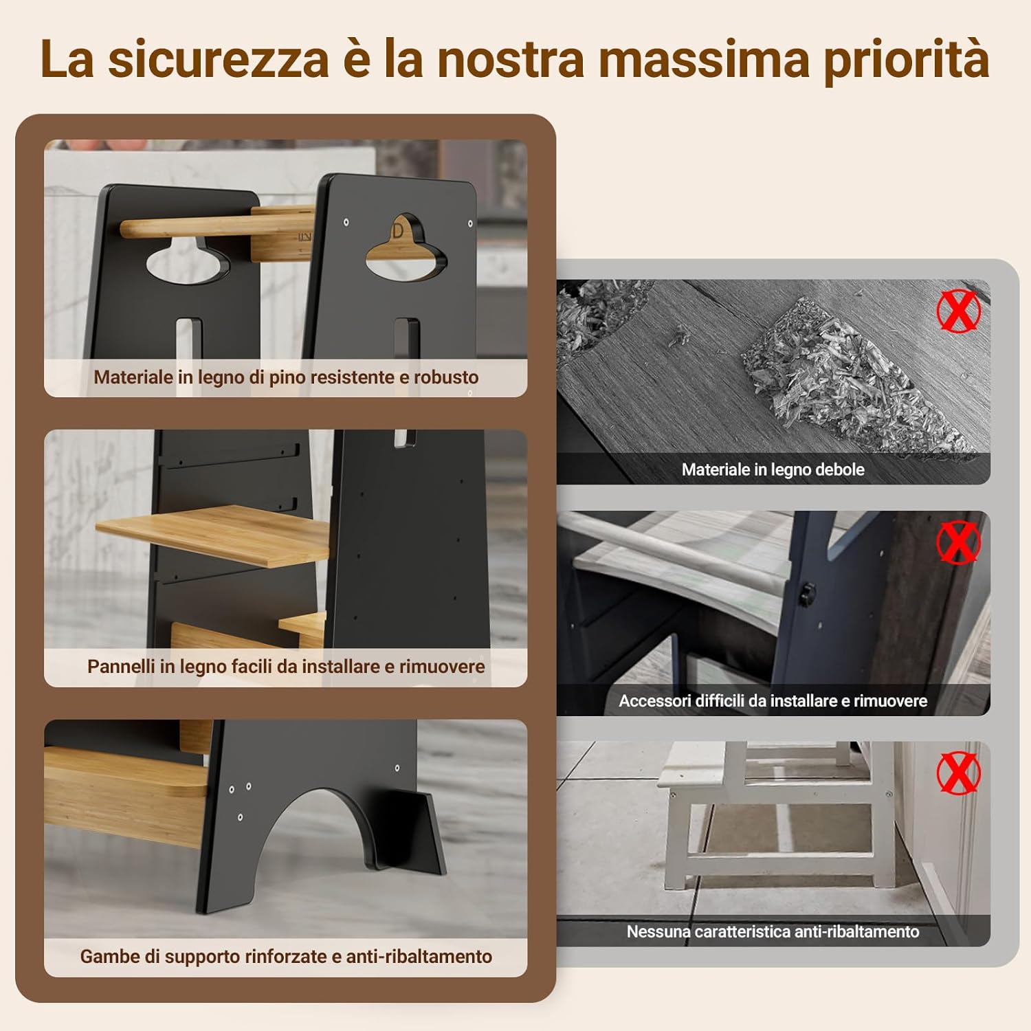 Detalle de COSYLAND Torre Montessoriana per Bambini – 3 Altezze in Legno, Nero Classico/Naturale