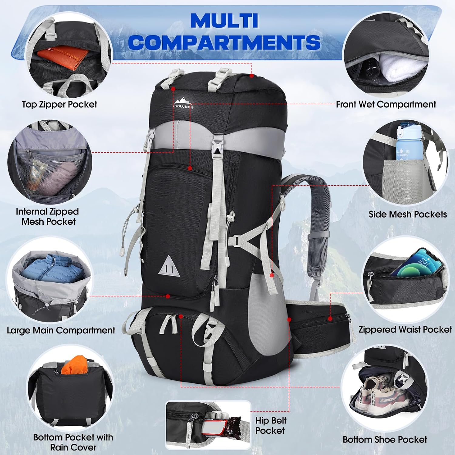 Detalle 2 de IGOLUMON Wanderrucksack 60L Trekkingrucksack