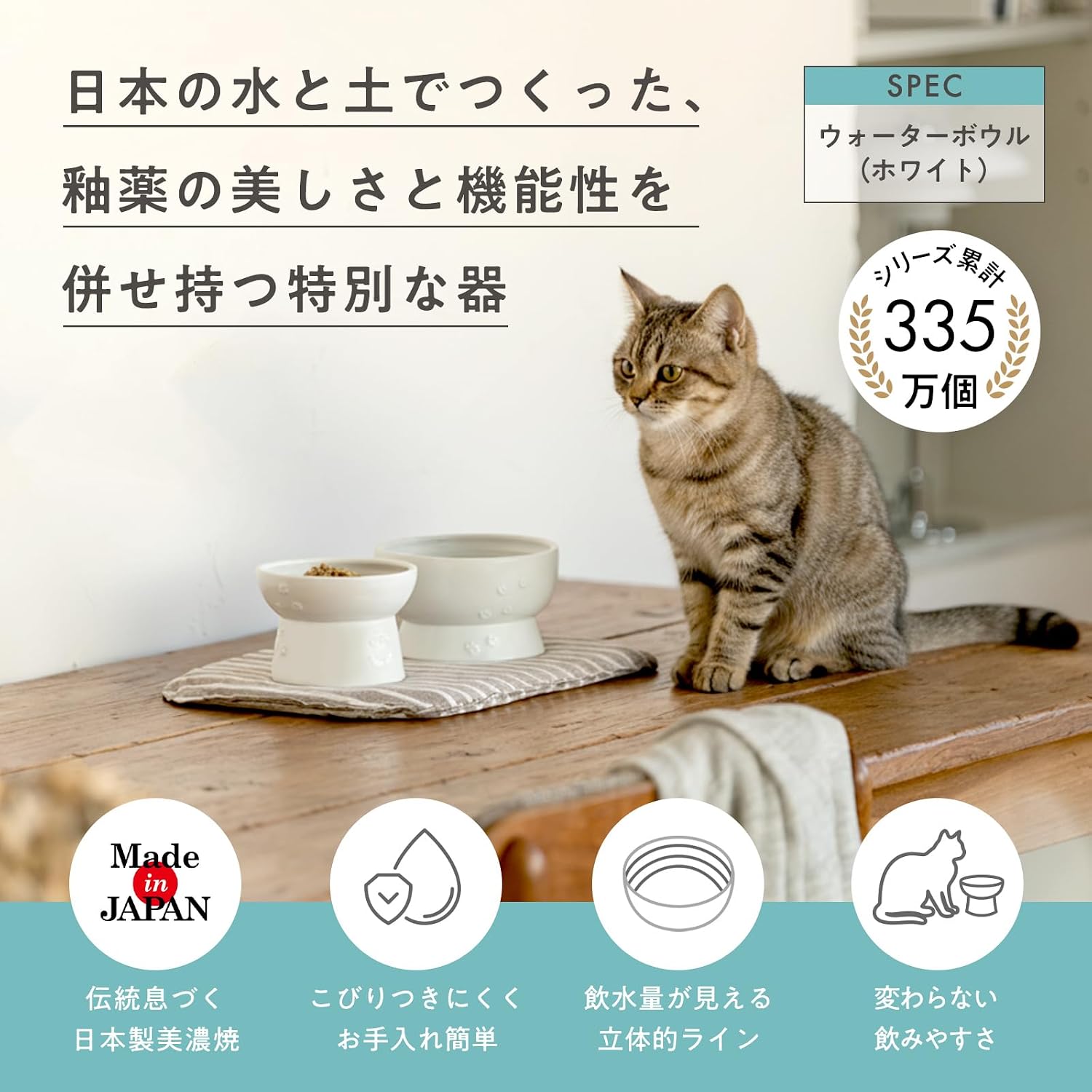 Detalle 2 de 猫壱 脚付ウォーターボウル 美濃焼・日本製、ホワイト、電子レンジ・食洗機対応