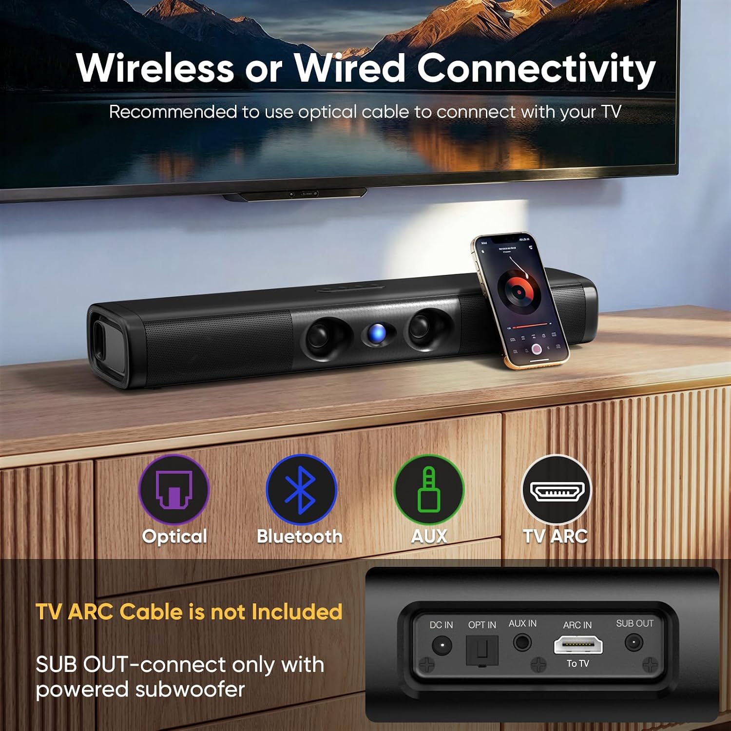 Detalle de Saiyin Soundbar TV mit 90W Spitzenleistung – 17,1 Zoll, zwei Tieftöner, Doppel-Bass-Ports, Bluetooth 5.3, ARC, Optical & AUX