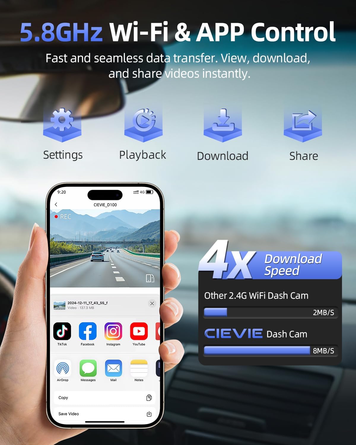 Thumbnail 3 de CIEVIE Dash Cam Front and Rear (4K) – 64GB, 1.5" IPS Display, 5GHz Wi‑Fi, 24/7 Parking, G‑Sensor