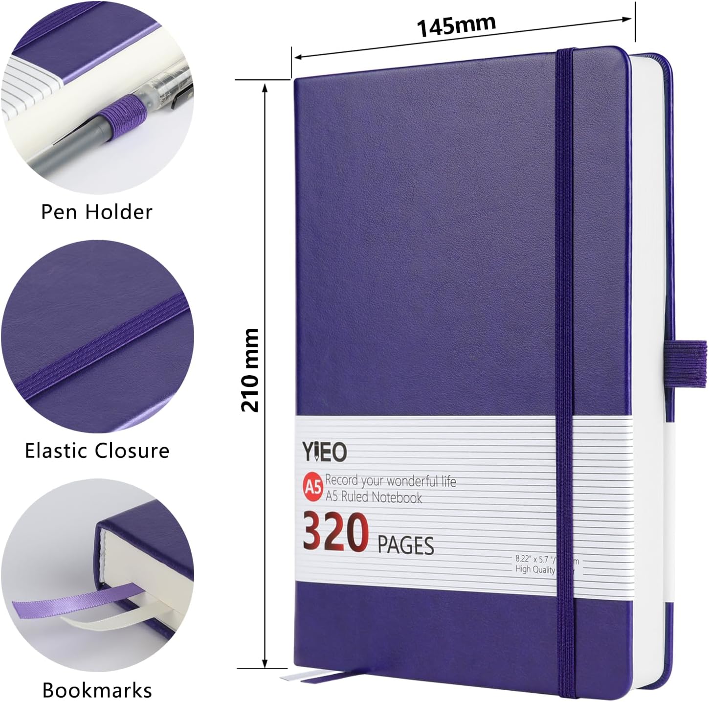 Thumbnail 1 de A5 Hardback Thick Journal Notebook (Purple) – 320 Lined Pages, 100gsm Paper, Elastic Closure