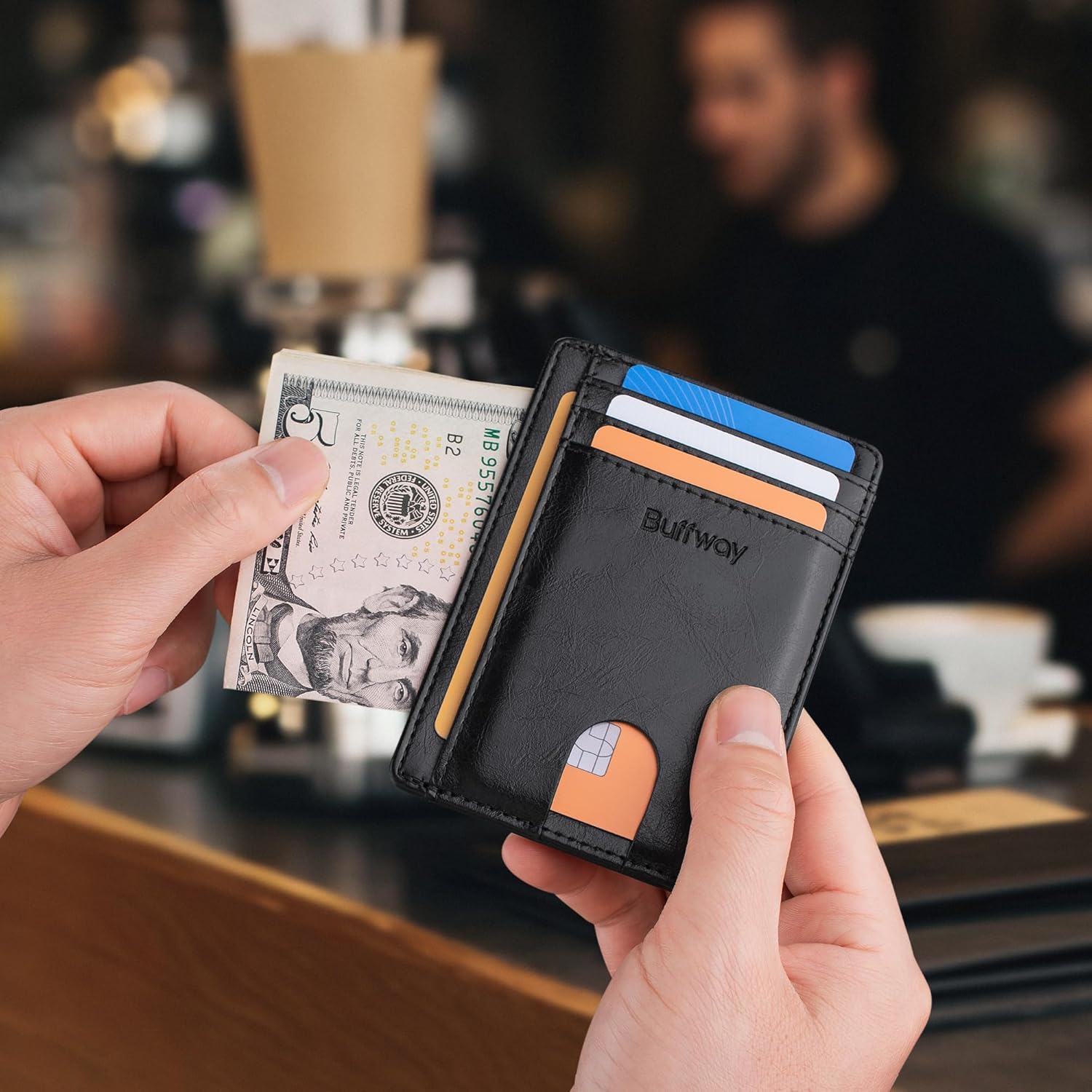 Thumbnail 5 de Buffway Slim Minimalist Front Pocket RFID Blocking Leather Wallets (Alaska Black)