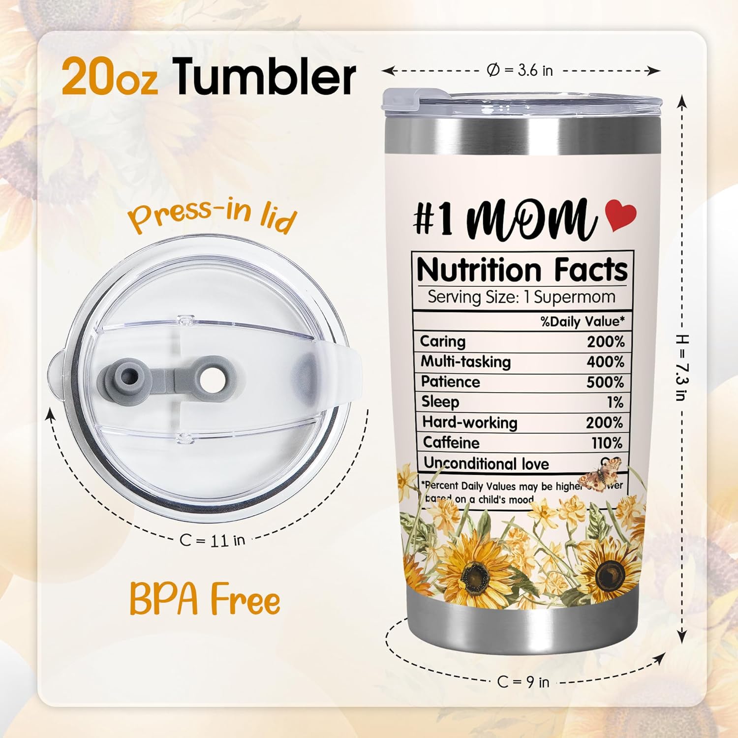 Thumbnail 1 de TEEZWONDER 20 oz Sunflower Stainless Steel Insulated Tumbler — A Thoughtful Mom Gift
