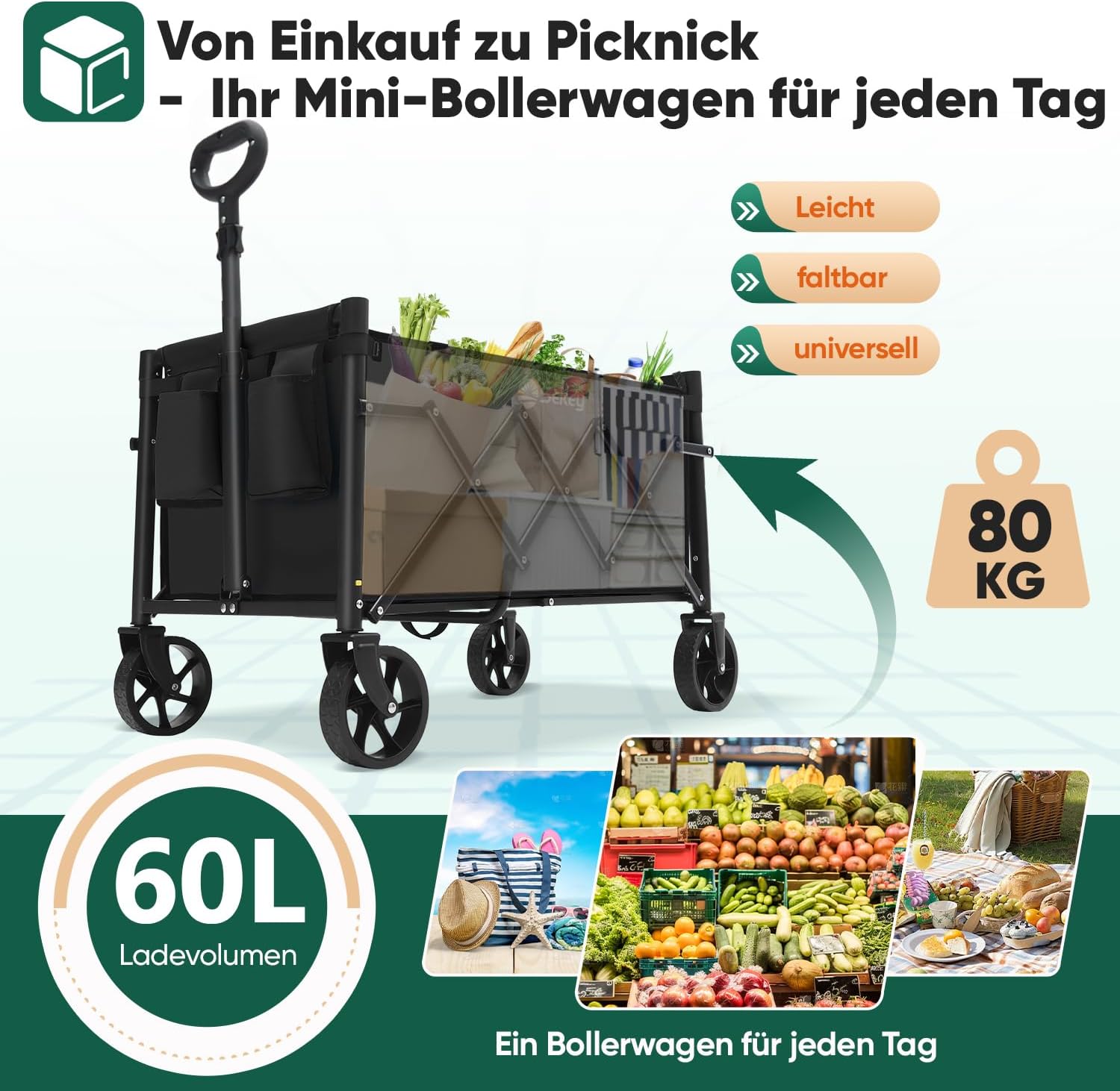 Thumbnail 2 de Sekey faltbarer Bollerwagen Klein (80 kg), Klapp-Handwagen mit höhenverstellbarem Griff – Mini 4029 in Schwarz