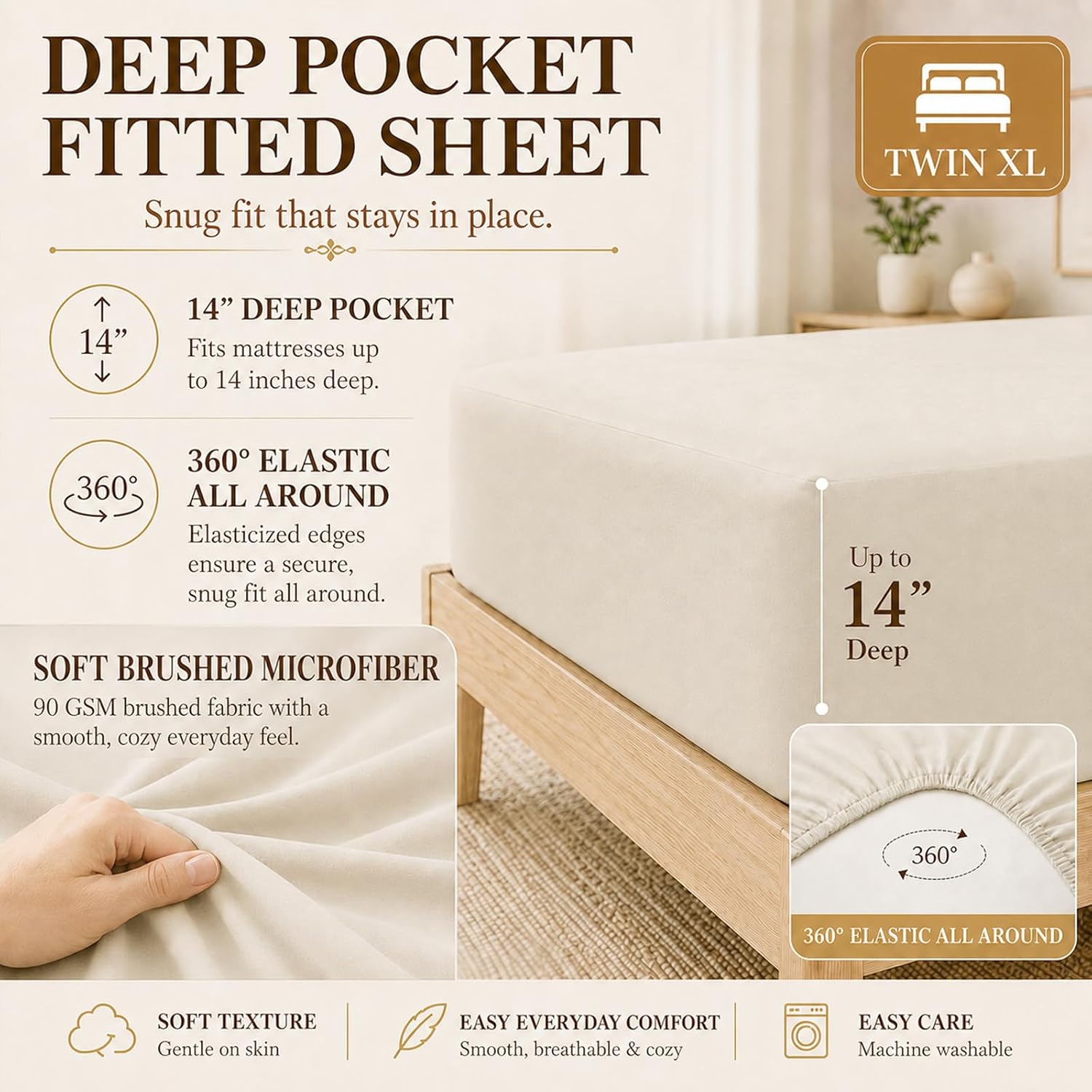 Detalle de CozyLux Twin XL Beige Comforter Set: 5-Piece Bed in a Bag
