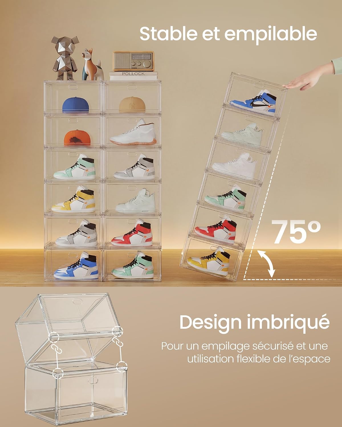 Detalle de LOT de 3 boîtes à chaussures transparentes SONGMICS LSP703WH02 – empilables jusqu’à la taille 47