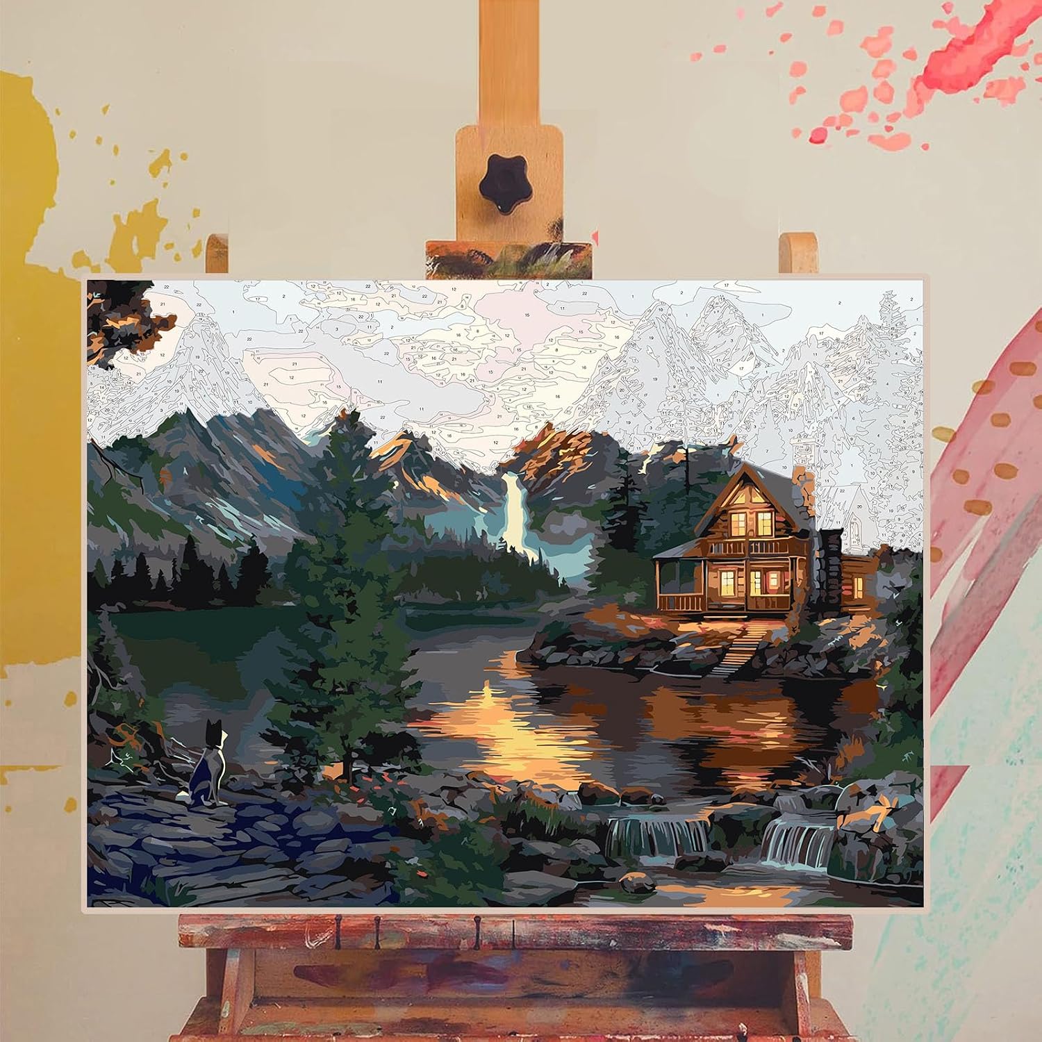Thumbnail 2 de Paint by Numbers for Adults Landscape: Lake Cabin at Dusk 12x16 Acrylic Kit