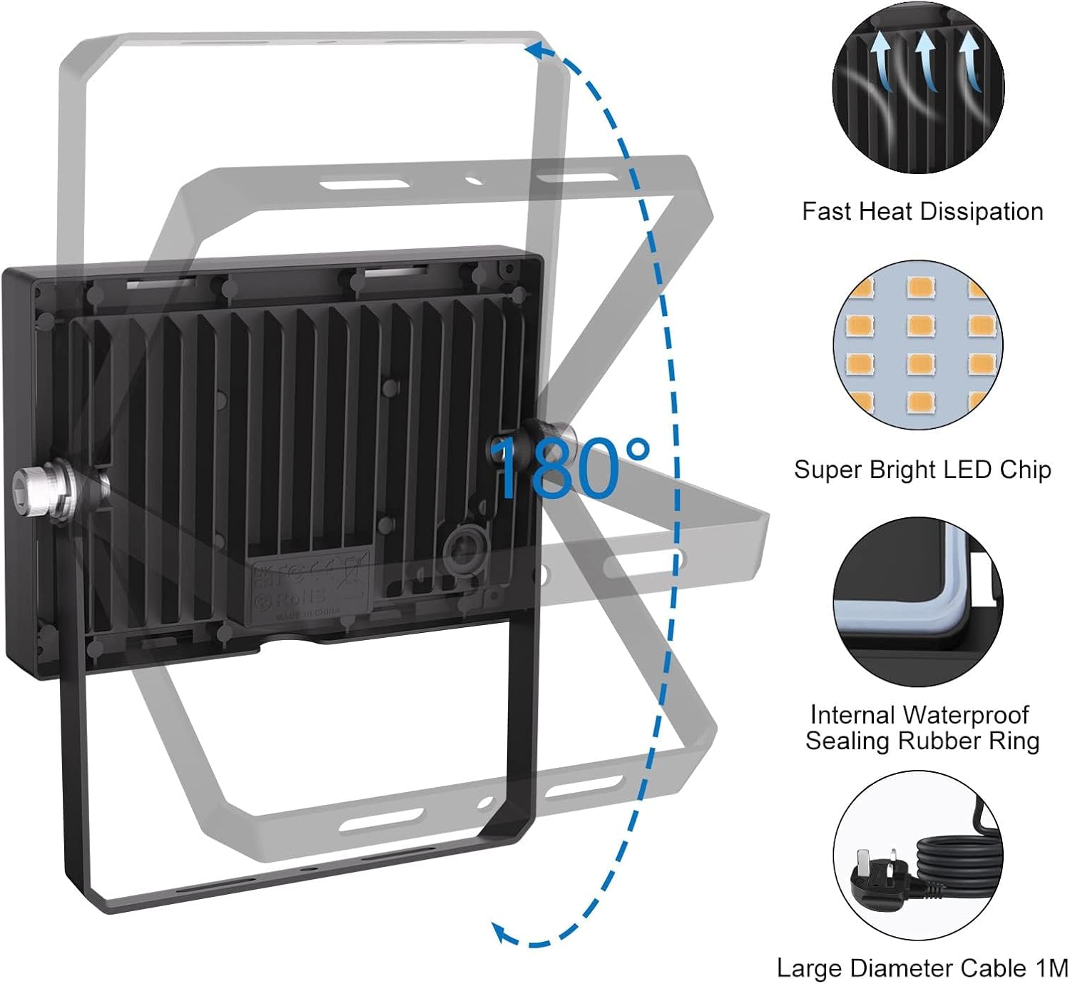 Thumbnail 3 de Linke 60W LED Floodlight Outdoor (2 Pack) – 5200LM, IP66, 120° Beam, Plug‑In Wall/Wall/Ceiling Lights