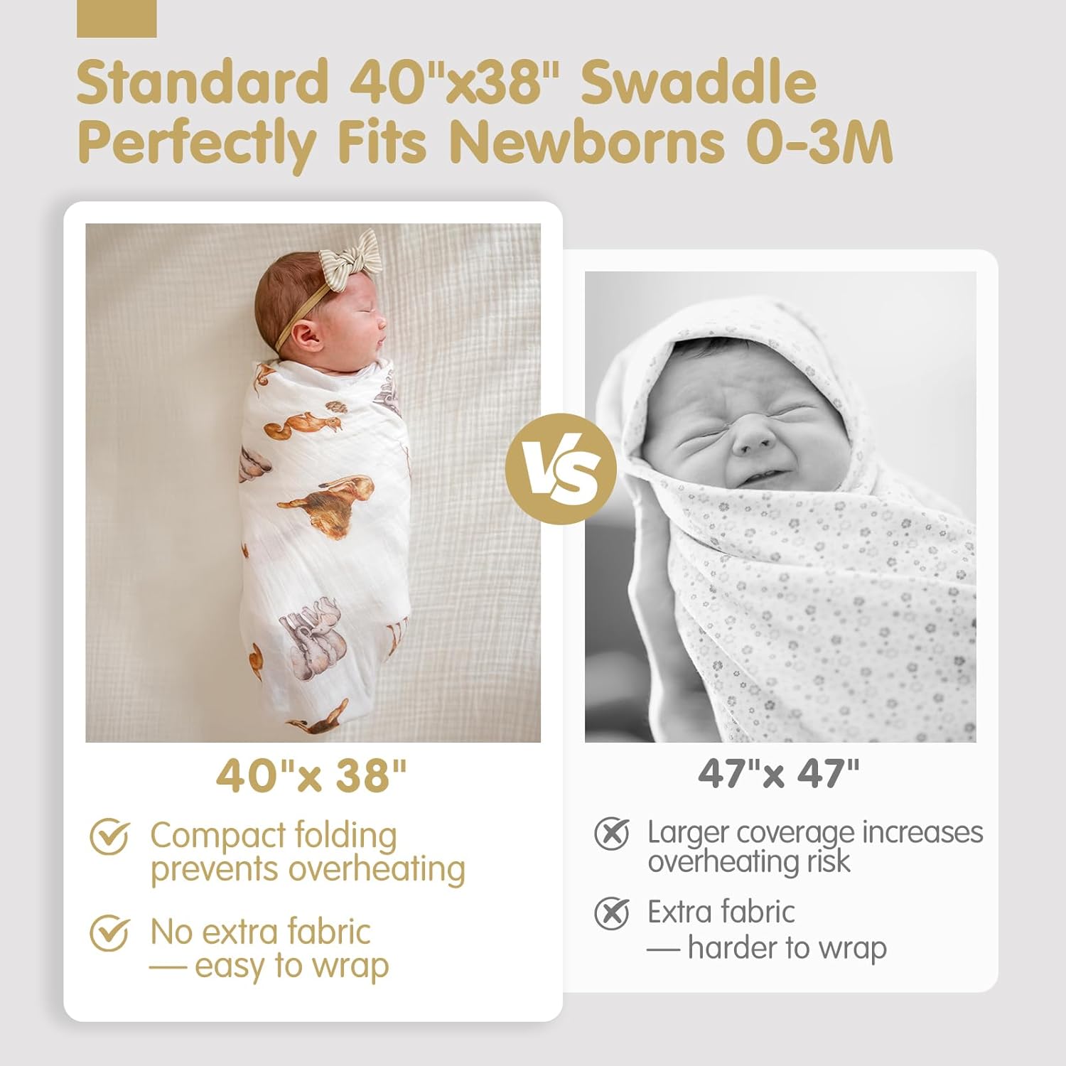 Thumbnail 3 de hahaland 100% Bamboo Muslin Swaddle Blankets 3 Pack (1 Large 120x120cm + 2 Standard 100x100cm) – Ultra Soft, Breathable Baby Cloths (Gold)