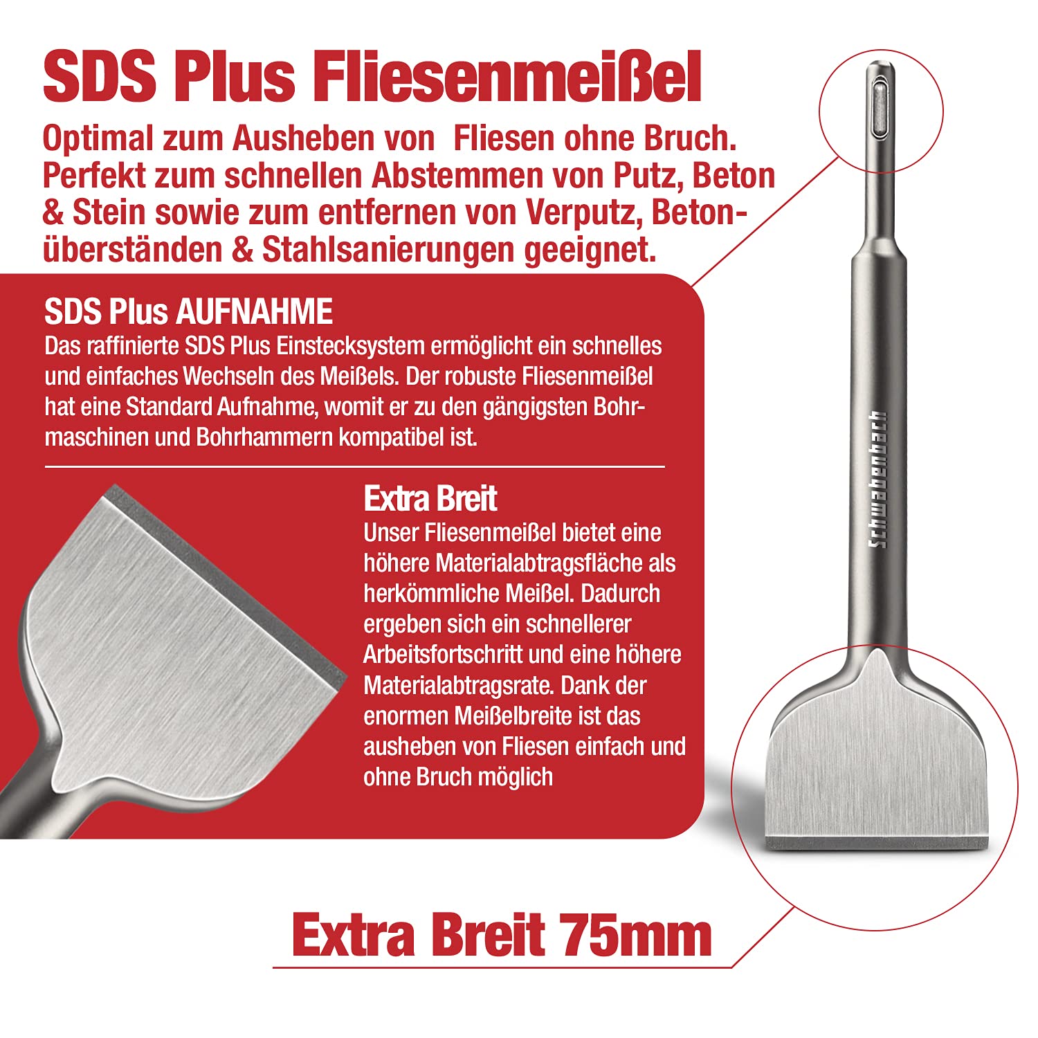 Detalle 1 de SCHWABENBACH® SDS Plus platte beitel 75 x 250 mm voor tegel- en pleisterwerk