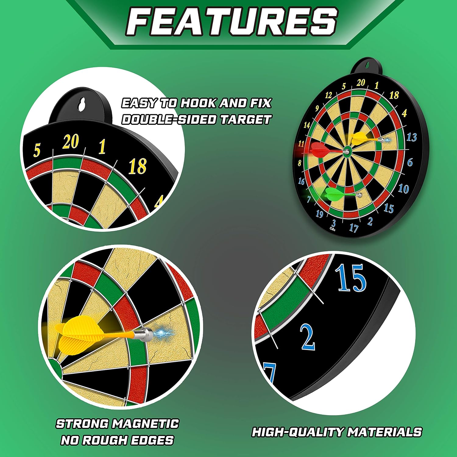 Detalle 2 de CUKU Double-Sided Magnetic Dartboard with 12 Darts, 13.5-Inch Target