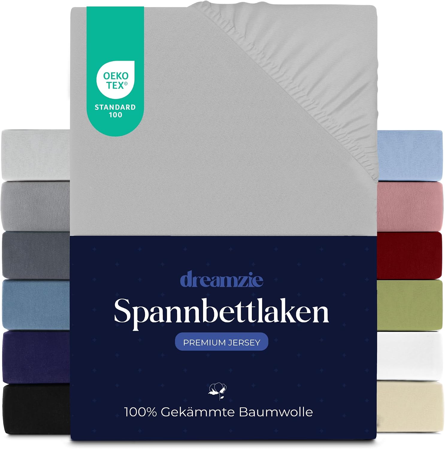 Detalle de Dreamzie Premium Spannbettlaken 180x200 cm (bis 27 cm Matratzenhöhe), Jersey Baumwolle – Grau
