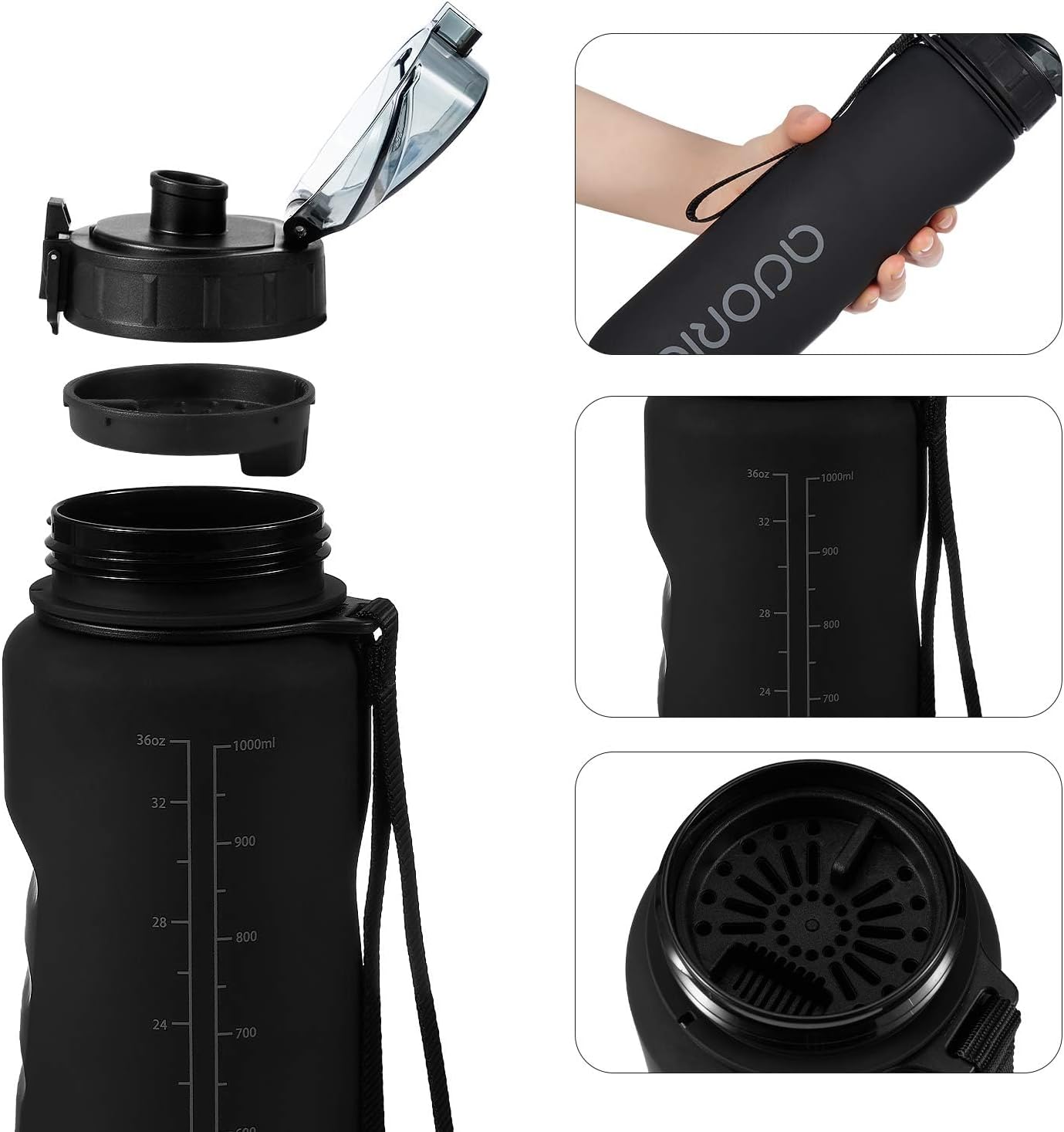 Thumbnail 1 de ADORIC Sports Water Bottle 1L (Black) – BPA-free Tritan, leak-proof flip top with filter