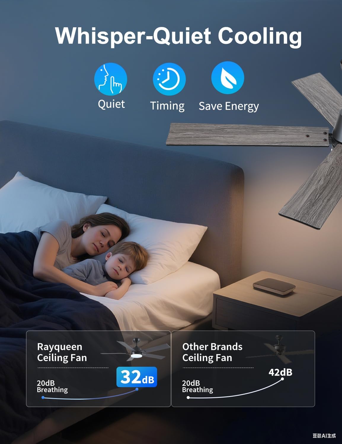 Thumbnail 3 de Rayqueen 52-Inch Black Ceiling Fan with Lights and Remote