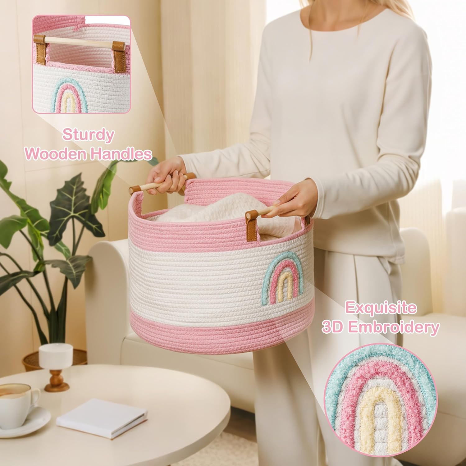 Thumbnail 4 de Tidelit Toy Storage Bin Box for Kids – 17 L Cotton Rope Basket with Wooden Handles