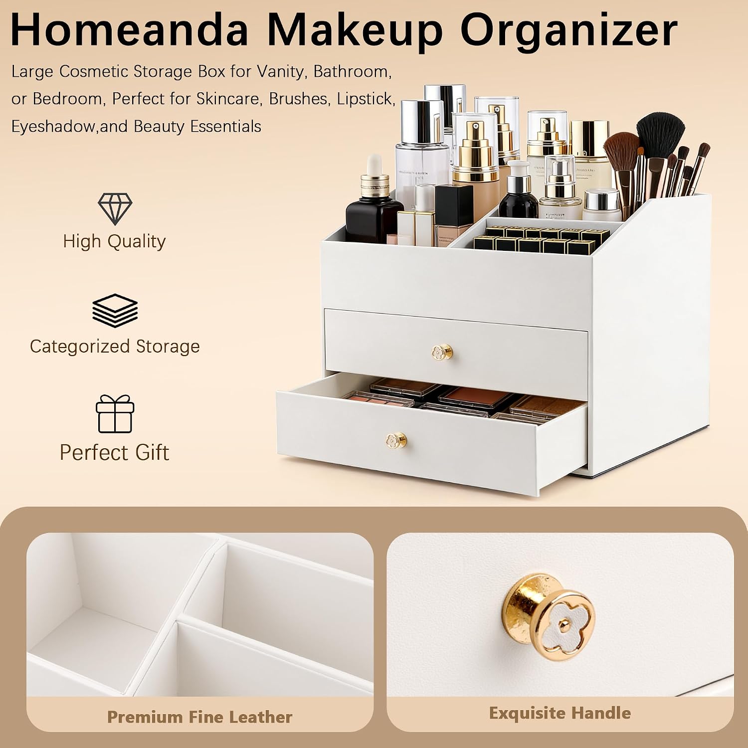 Thumbnail 4 de Homeanda Make-up-Organizer aus Kunstleder mit 2 Schubladen (weiß) – Ordnung für Kosmetik, Schmuck & Pflege