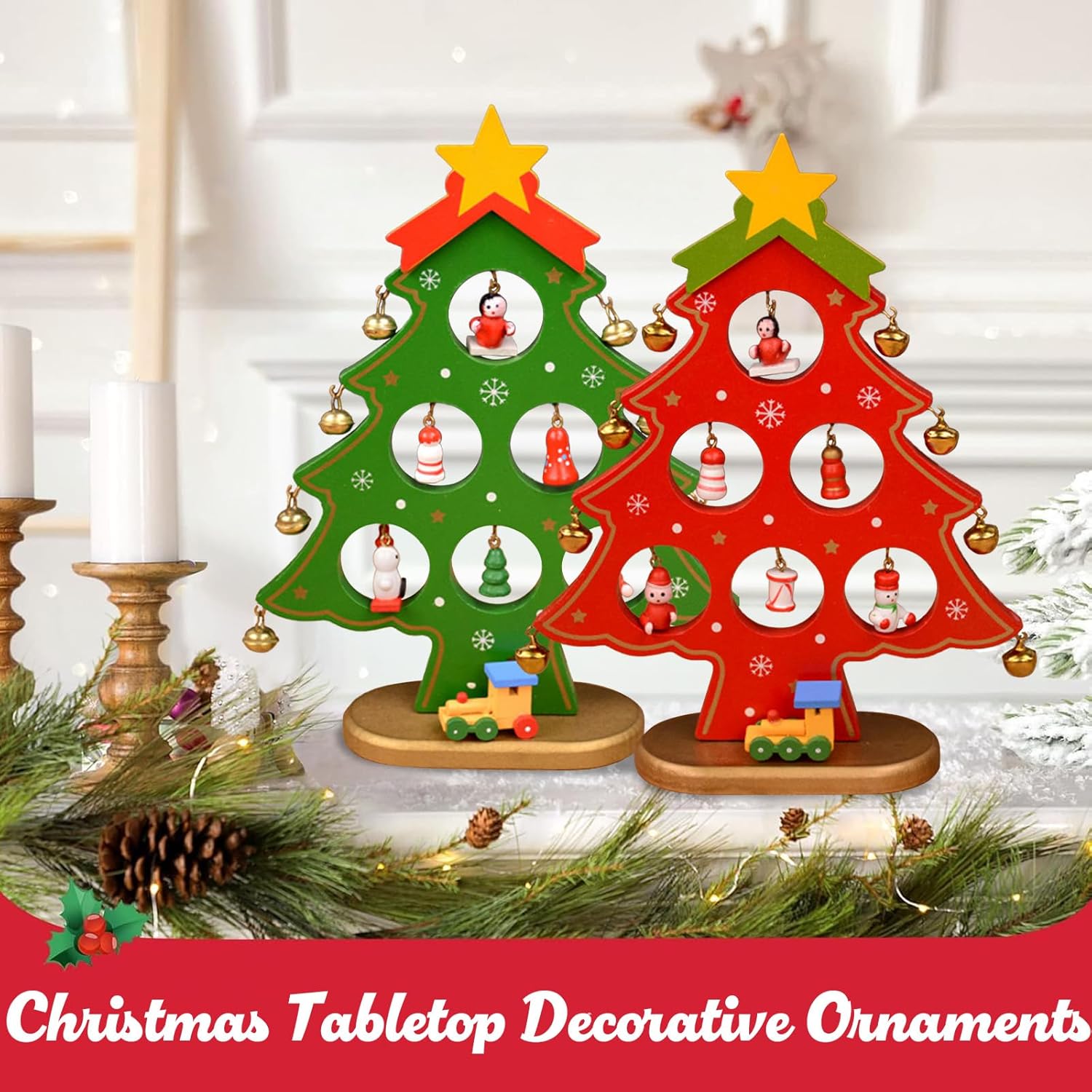 Detalle de MOMAHUA Hölzerner Weihnachtsbaum Rot – DIY Mini Tischdeko aus Naturholz (6-teilig)