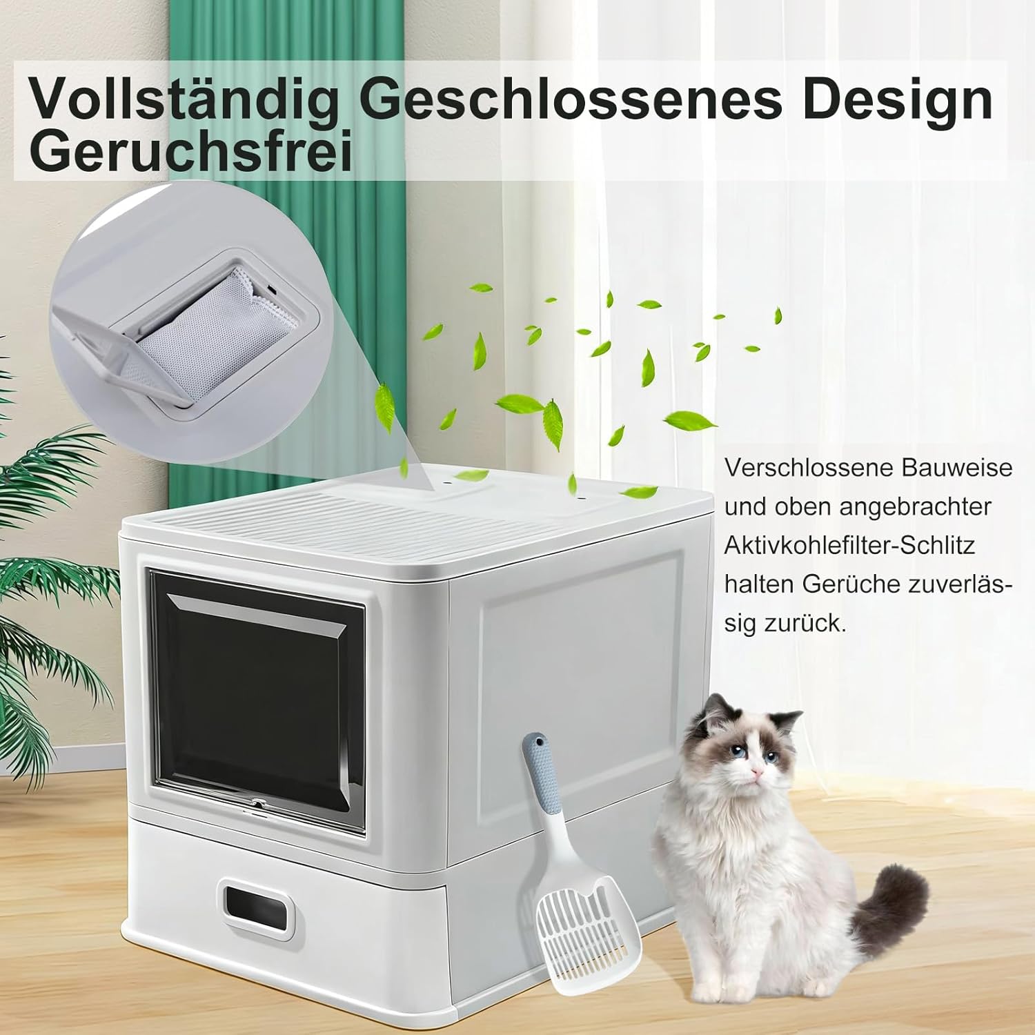 Detalle de Marchul XL Lettiera per gatti grande in acciaio inox con coperchio, cassetto estraibile e tappetino: design chiuso per odori contenuti