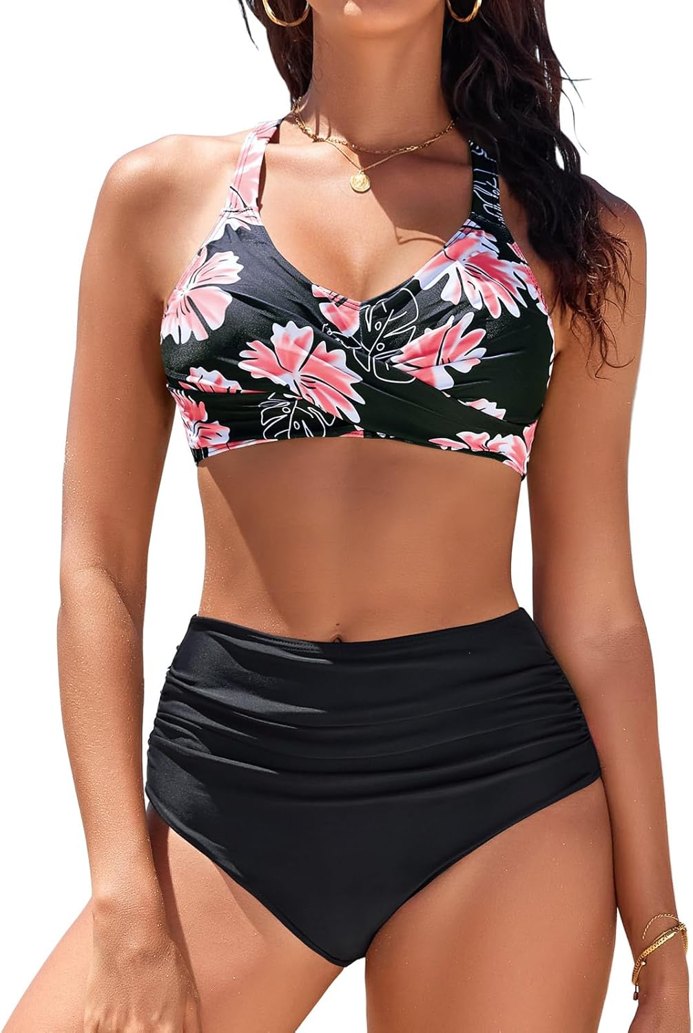 Detalle de heekpek Bikini Sets for Women: Tummy Control Two-Piece Swimsuit with V-Neck Cross Top and High-Waisted Bottoms