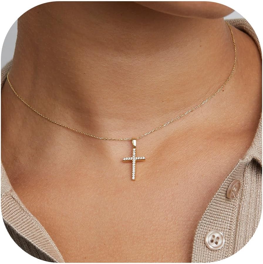 Detalle de TINGN Collana a croce in oro da donna – placcatura 14K, lunghezza regolabile 35/45 cm