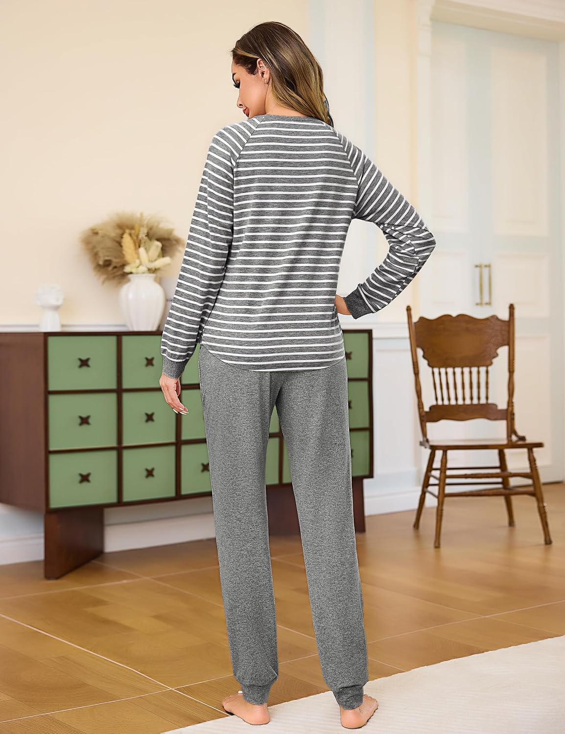 Detalle de Litherday Pyjama Femme Hiver en Coton – Ensemble rayé à manches longues, col rond