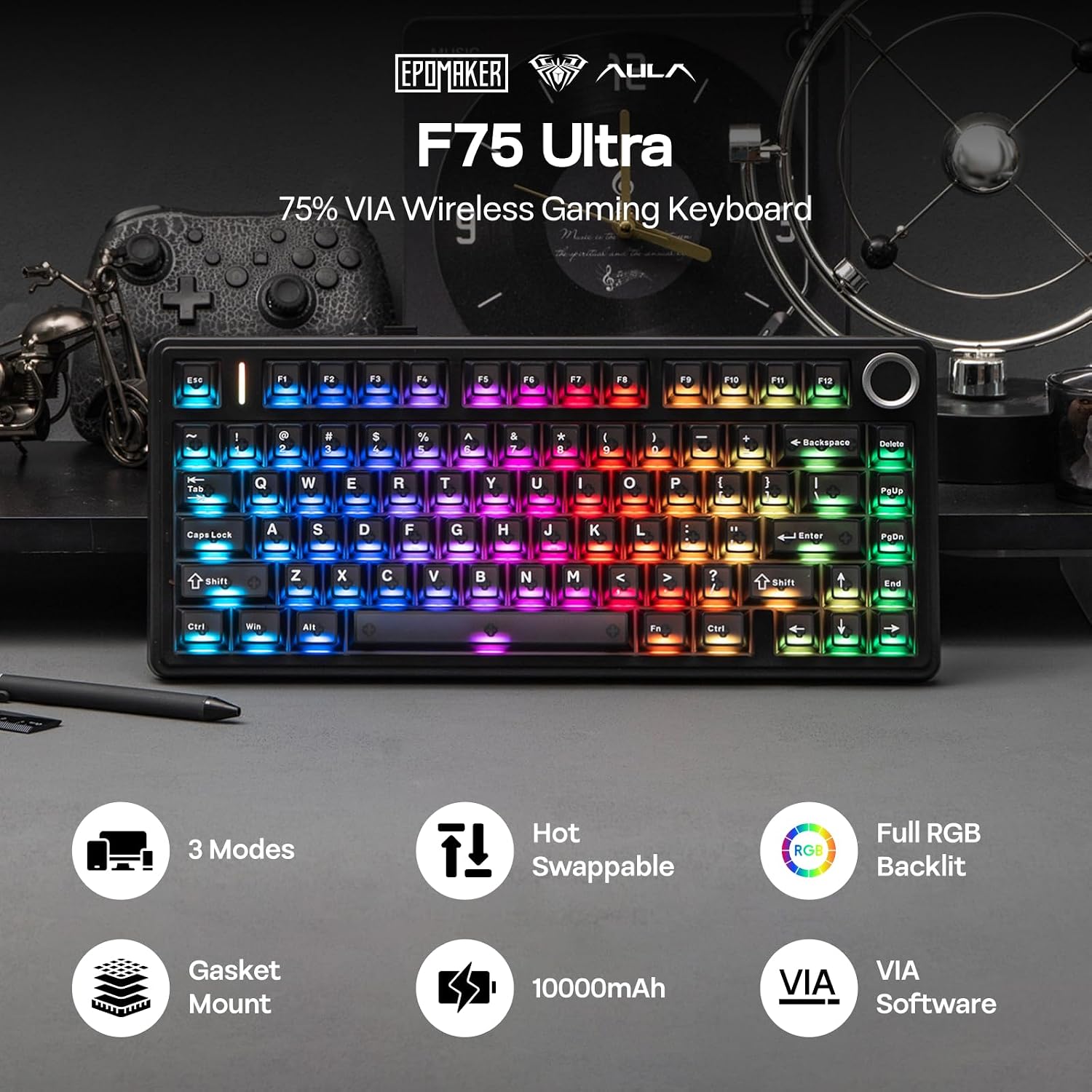 Detalle 2 de EPOMAKER X Aula F75 75% Wireless Gaming Keyboard (Pink) — Compact, Quiet, and Fully Customizable