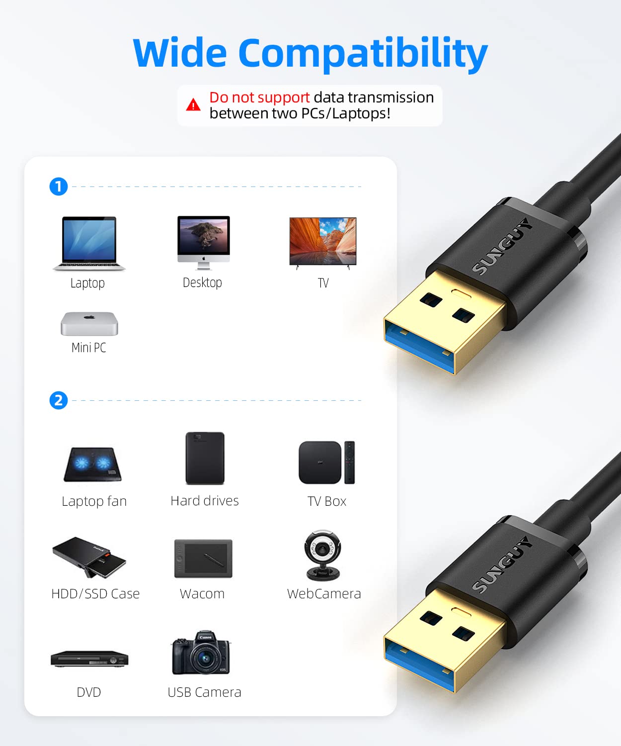 Thumbnail 1 de SUNGUY Câble USB A vers USB A 3 m (USB 3.0, 5 Gbit/s) pour disque dur, imprimante et appareils photo