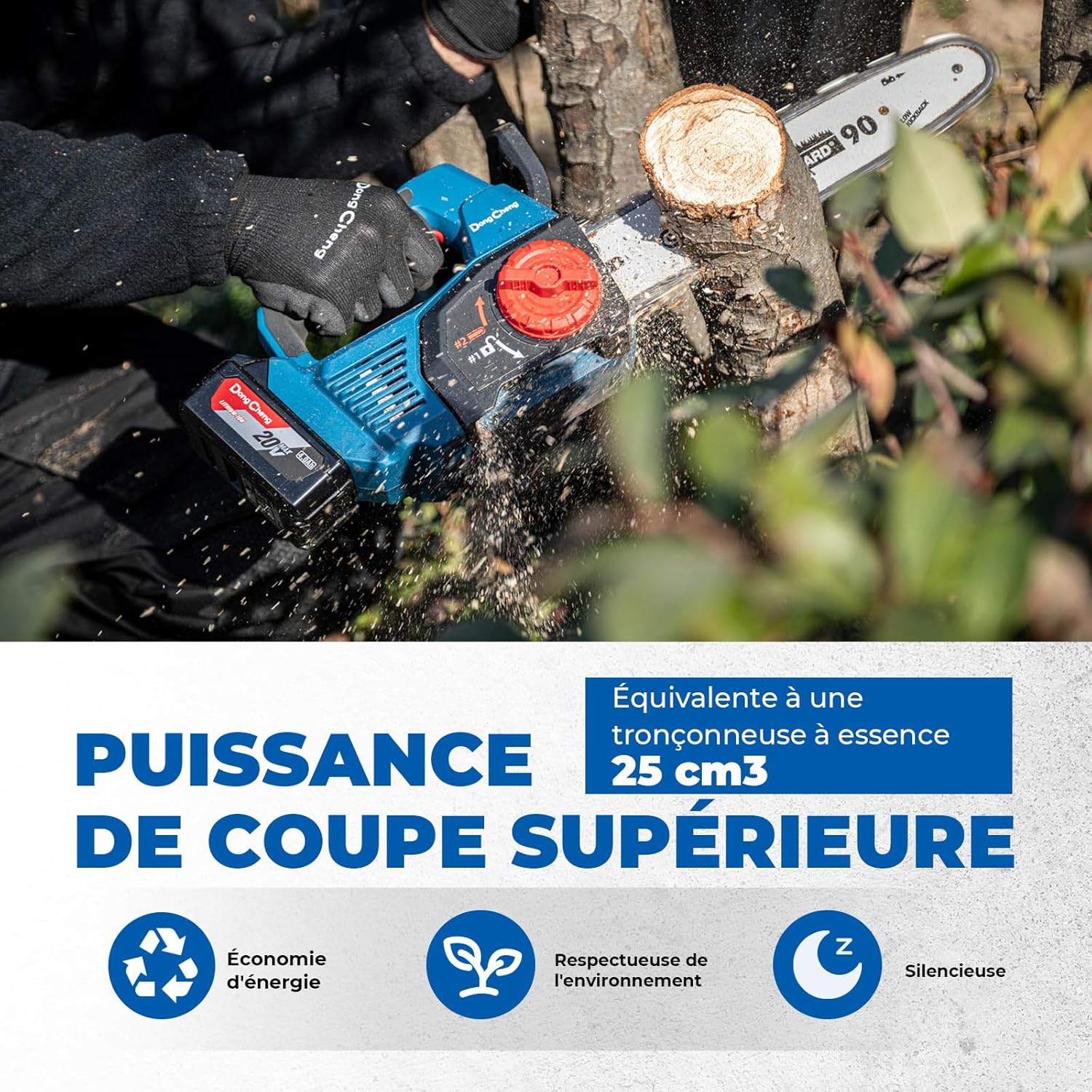 Detalle de DongCheng Tronçonneuse sans fil 20V avec moteur brushless et guide Oregon 30 cm