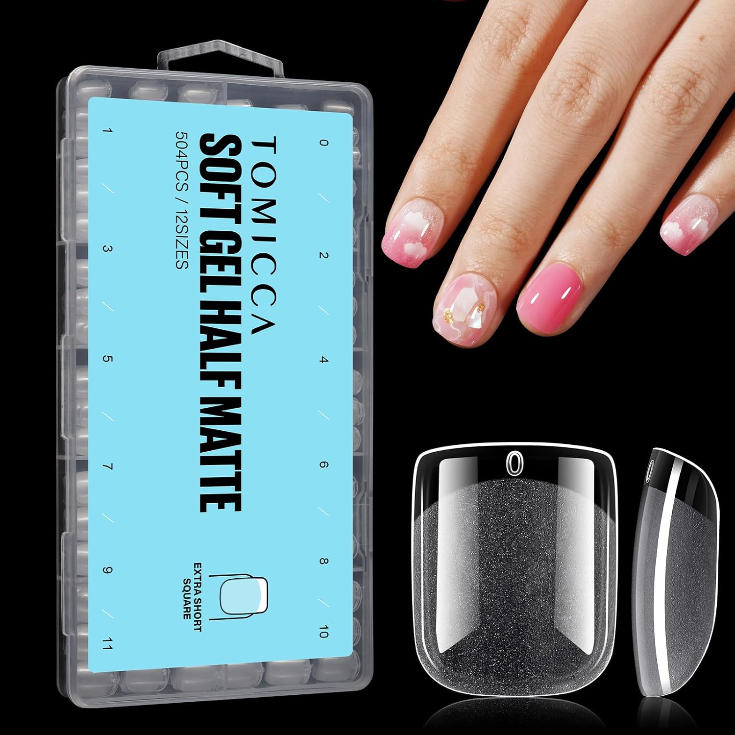 Detalle de TOMICCA Quadrat Gel-Nageltips 504 Stück (12 Größen) – Ultra kurze Full Cover Nail Tips für DIY & Nagelstudios
