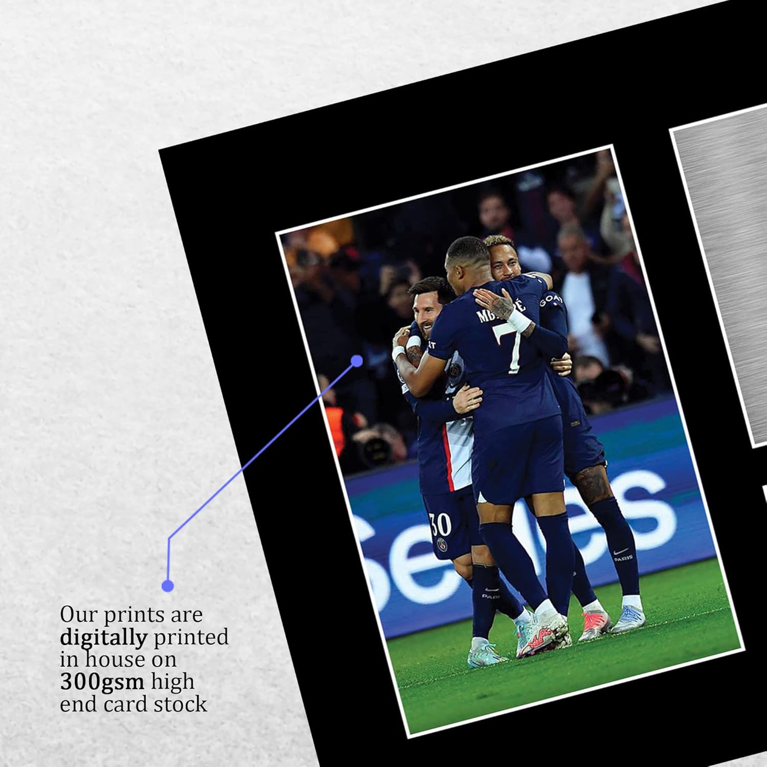 Thumbnail 3 de Lionel Messi, Neymar Jr & Kylian Mbappé Paris Blue and Reds A4 signed autograph picture (HWC Trading)