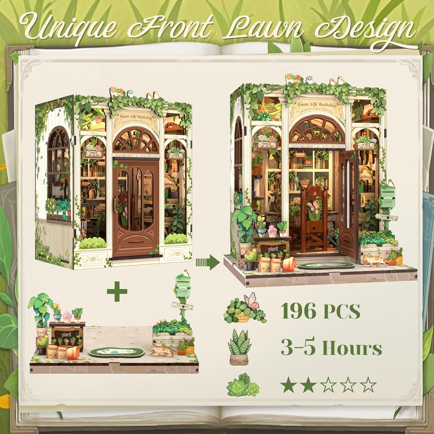Detalle 2 de CUTEBEE Book Nook Kit - DIY Miniature House Dollhouse Kit (Green Life Bookshop)