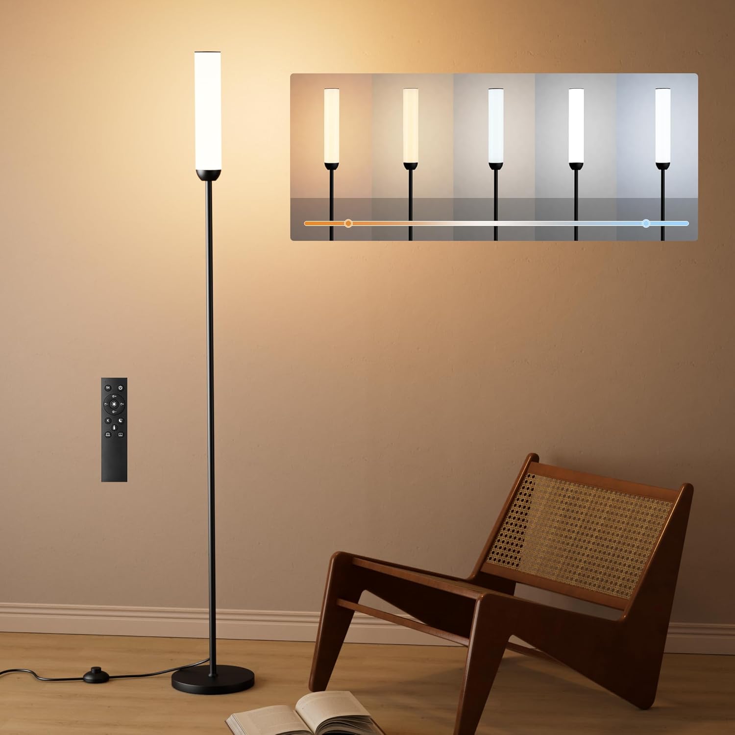 Thumbnail 2 de PreeOtti LED-Stehlampe für Wohnzimmer, dimmbar, mit Fernbedienung & 5 Farbtemperaturen (schwarz)