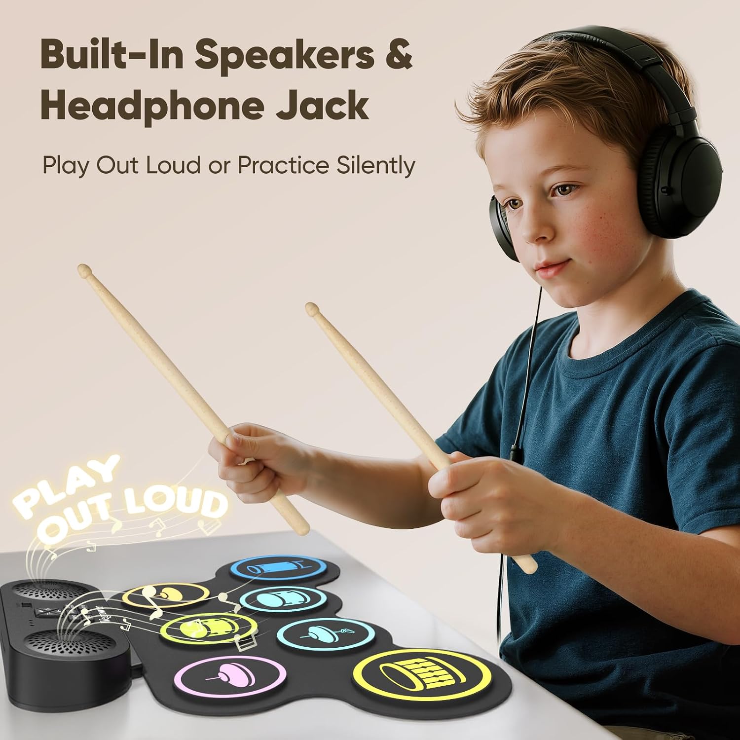 Detalle de WEGROWER DK-1 Roll-Up Electronic Drum Set with 7 Pads, Speaker & Headphone Jack