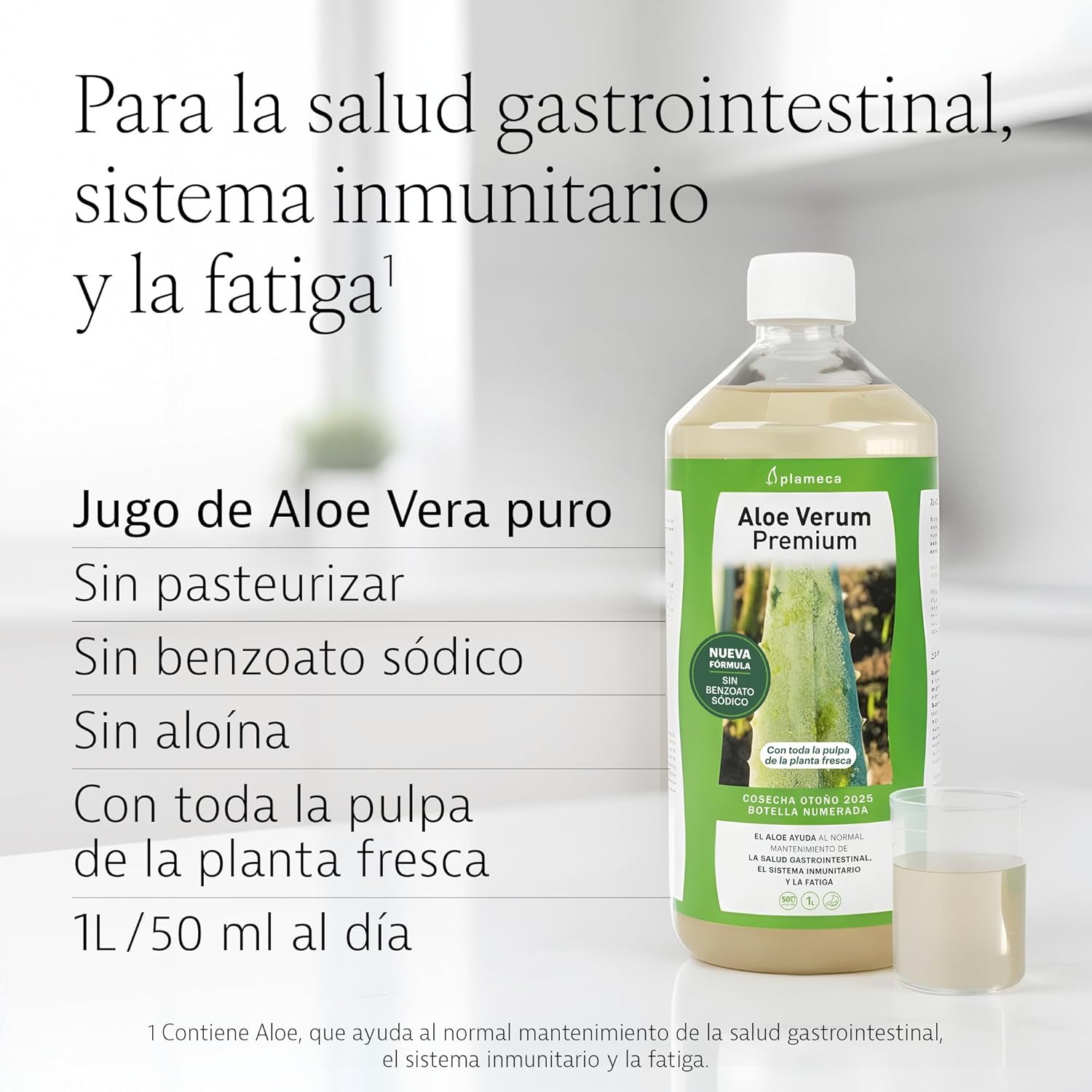 Detalle 2 de Plameca Aloe Verum Premium (1L) — jugo puro de aloe vera con pulpa, sin aloína